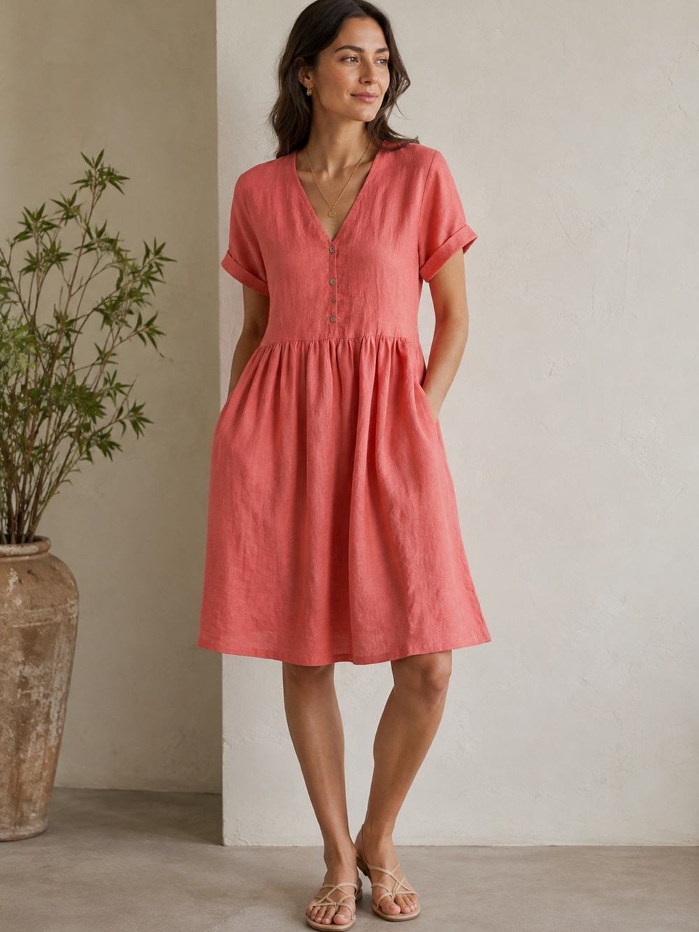 Lintico 100% Linen Coral V-Neck Babydoll Short Sleeve Mini Dress Small Coastal